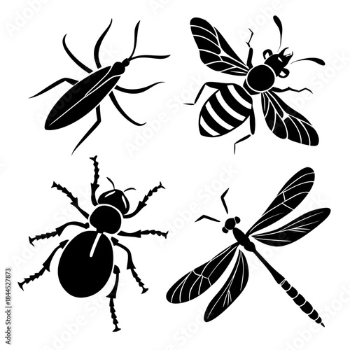 Black silhouette insects ant bee beetle dragonfly vector