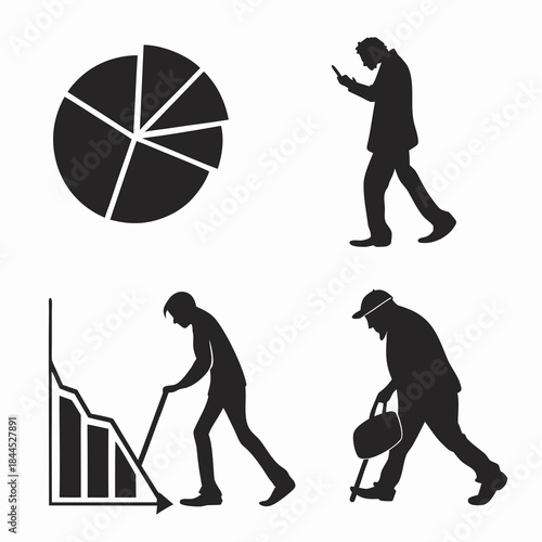 Black silhouette icons of pie chart bar graph and people