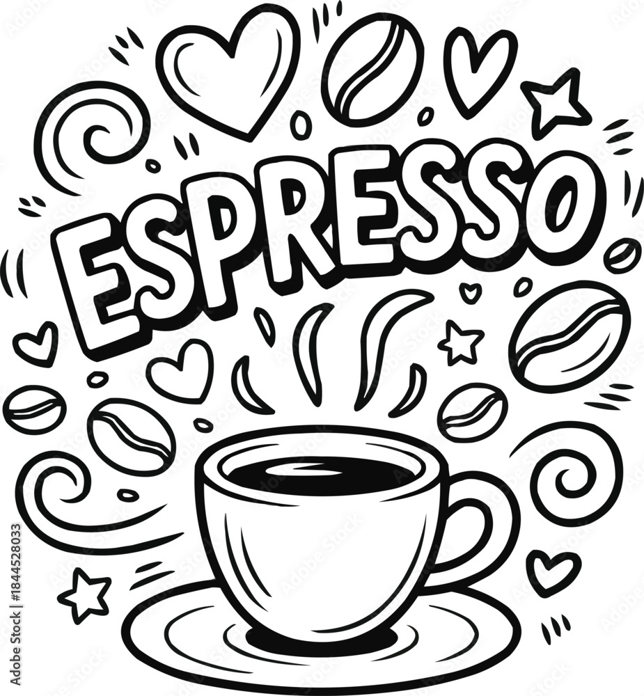 Obraz premium Minimal Espresso Line Art Hand-Drawn Cup, Coffee Beans, and Decorative Elements