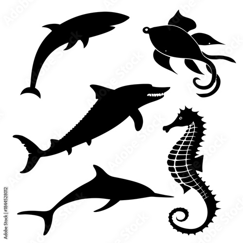 Black silhouette collection of marine animals marine life