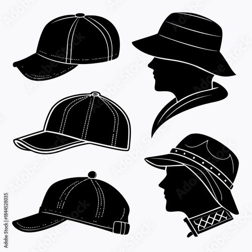 Black silhouette collection of baseball caps and headwear