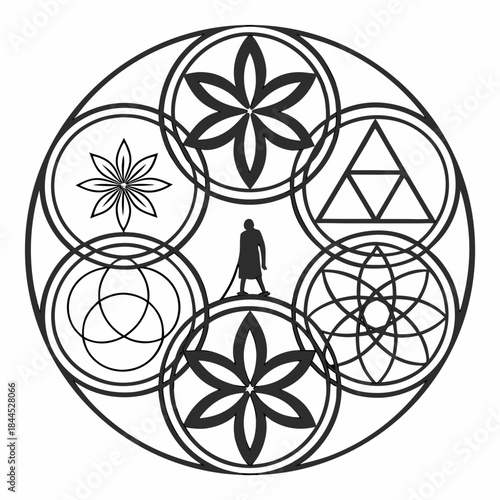 Black sacred geometry mandala with human figure geometric