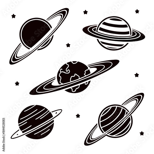 Black planet icons with rings and stars space galaxy
