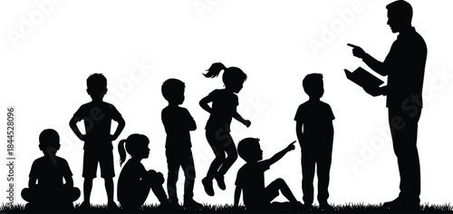 Teacher guiding children silhouettes, outdoor education lesson, group learning activity, childhood development concept illustration, mentoring discipline training, supervision, leadership, teaching