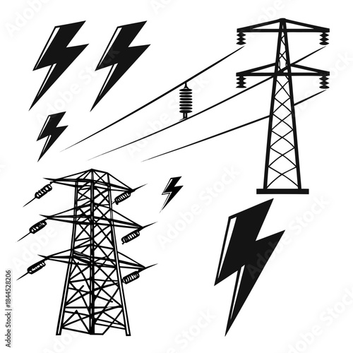 Black lightning bolt and power line tower silhouettes