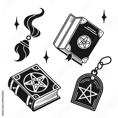 Black magic spellbooks and charm on white background