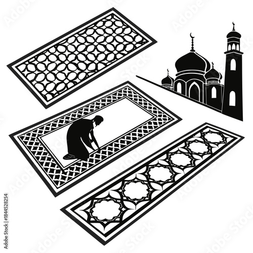 Black Islamic prayer rugs and mosque silhouette pattern