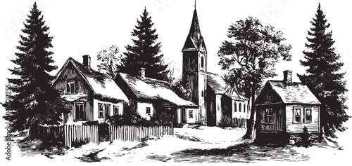Winter village silhouettes with trees, houses, and church in engraving style, set against a black and white vector illustration.
