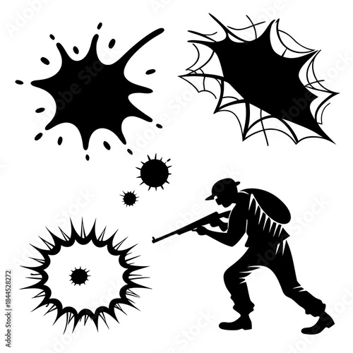 Black ink splashes and soldier silhouette with rifle