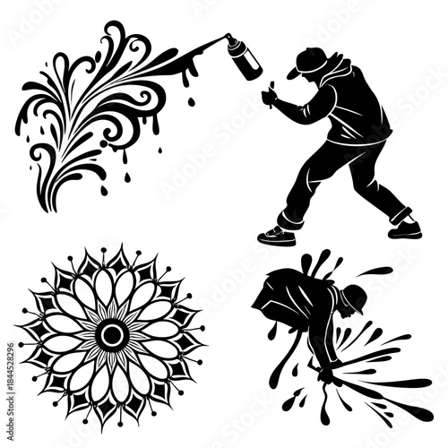 Black ink splashes and graffiti artist silhouettes