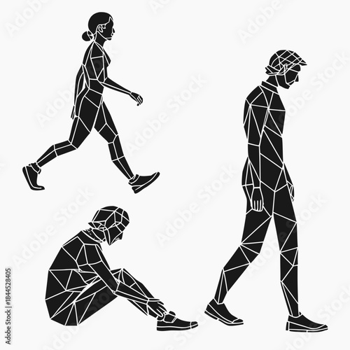 Black geometric figures of people walking and sitting