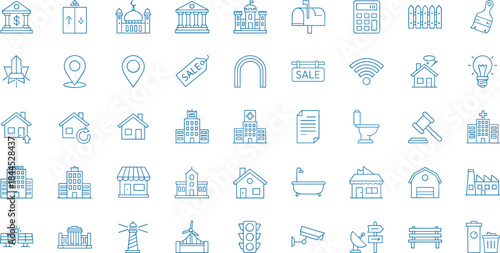 Minimal real estate and urban infrastructure blue line icon set featuring buildings housing city symbols editable vector design