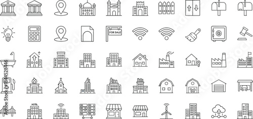 Minimal real estate and urban infrastructure line icon set featuring buildings housing location symbols editable outline vector design