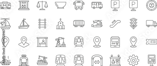 Minimal transport and urban infrastructure line icon set featuring vehicles navigation transit symbols editable outline vector collection design pack