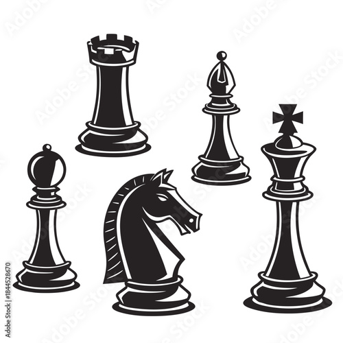 Black chess pieces king queen rook bishop knight silhouettes