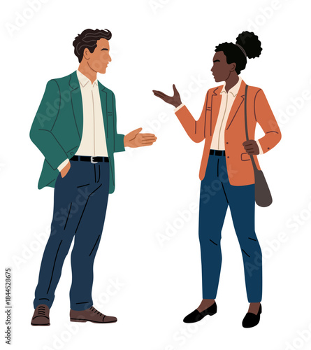 Two professionals, african american woman and caucasian man, in business casual attire engaged in a conversation. Flat vector illustration isolated on tranpsarent background