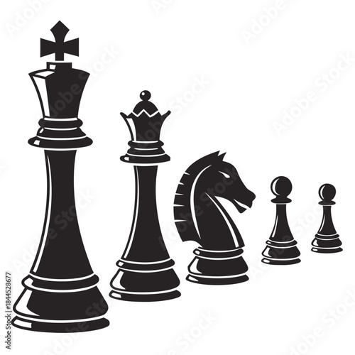 Black chess pieces king queen knight pawns silhouettes