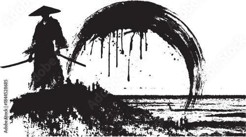 Samurai warrior silhouette with sword depicted in a black brush art style. This vector illustration showcases a minimal abstract set against a textured landscape.