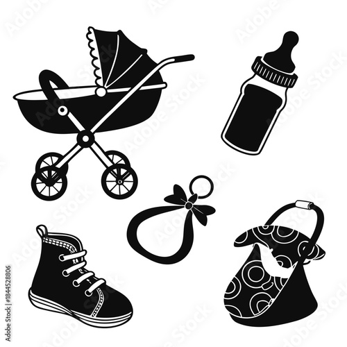 Black baby accessories silhouettes on white background