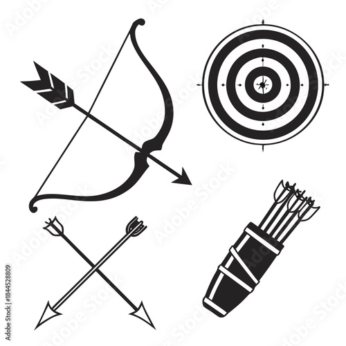 Black archery icons bow arrow target quiver vector