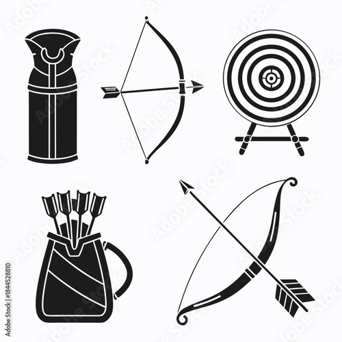 Black archery icons set bow arrow quiver target vector