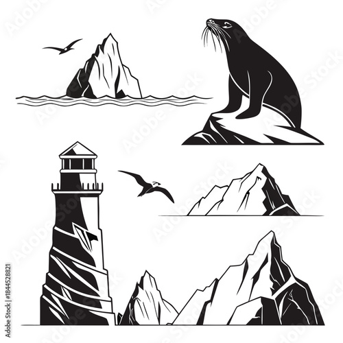 Black and white vector illustrations of arctic wildlife and scenery