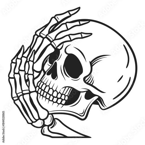 Black and white skeleton hands covering skull face