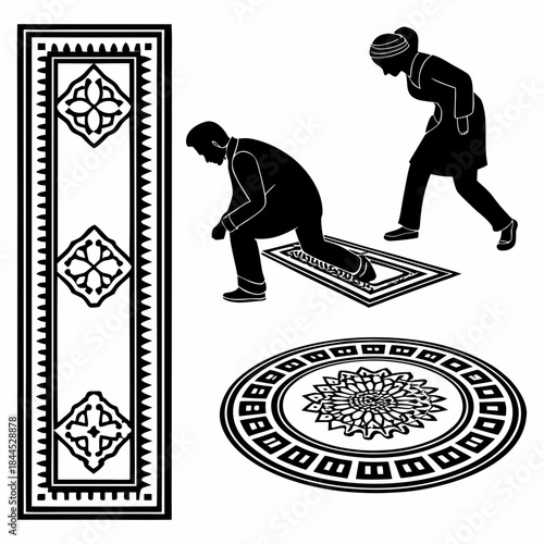 Black and white silhouettes of prayer rugs and patterns