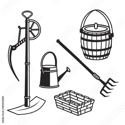 Black and white silhouettes of farming tools and containers