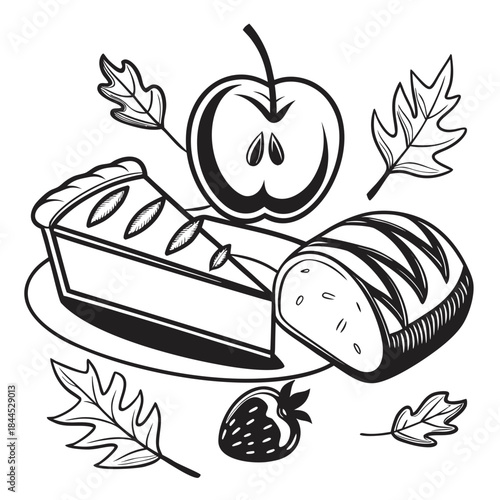 Black and white illustration of pie bread apple and strawberry