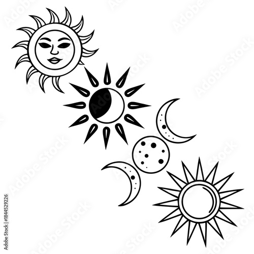 Black and white celestial sun and moon phases graphic