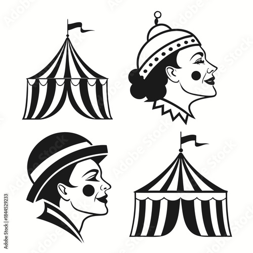Black and white circus tents and clown faces silhouettes 1