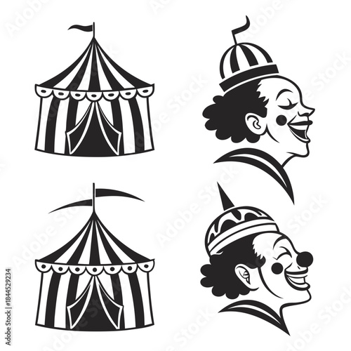 Black and white circus tents and clown faces silhouettes
