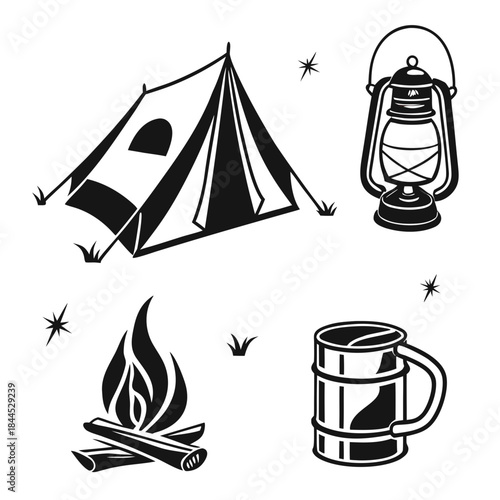Black and white camping icons tent lantern campfire mug