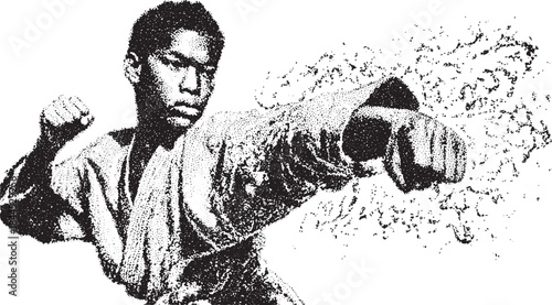 Martial artist executing a powerful punch in a dynamic stance. Bold vector illustration emphasizes energy and movement in combat sports.