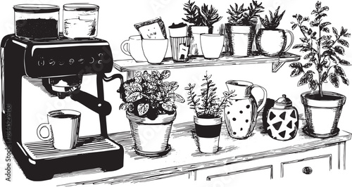 Coffee maker and plants on a kitchen shelf. Detailed vector illustration showcasing a modern set of stylish decor and tableware.
