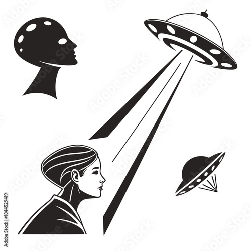 Alien and U F O silhouettes with human profile and beams