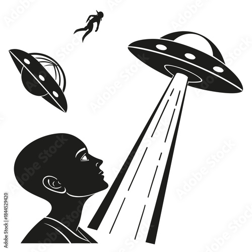 Alien abduction scene with U F Os and human silhouette