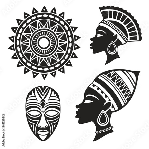 African tribal mask and female profile silhouettes