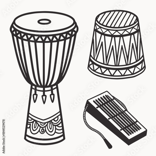 African drums and kalimba instrument silhouette set