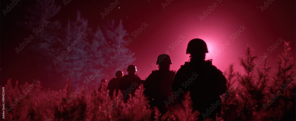 Naklejka premium the military unit running a nighttime low-light battle practice session at dark hours