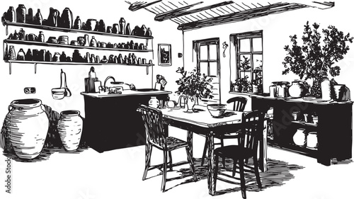Kitchen interior illustration featuring a set of furniture, including a table, chairs, and shelves with pots and plants. Simple vector art showcases a cozy space.