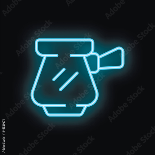 Blue neon icon of a cezve, the traditional turkish coffee pot, glowing on a black background