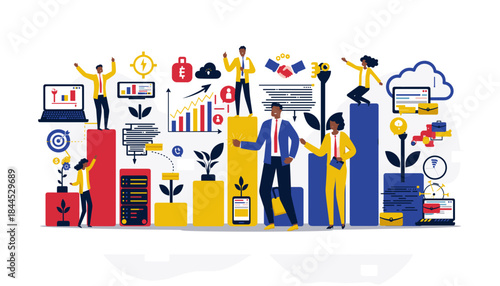 Business growth and success with teamwork and technology in a dynamic corporate environment