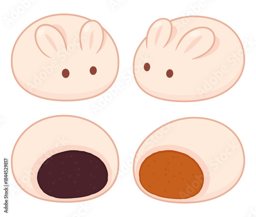 Cute bunny baozi drawing. Rabbit shaped Chinese steamed buns, isolated vector clipart illustration.