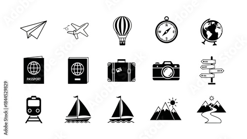 collection of travel and adventure icons depicting journeys and exploration around the world