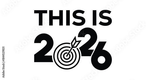 Bold black “THIS IS 2026” typography design with stylized overlapping numbers and dynamic swoosh line, modern minimal New Year concept isolated on white background, perfect for event branding and prom