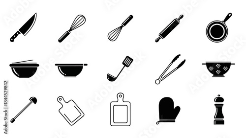 Collection of various black and white kitchen utensil icons arranged neatly