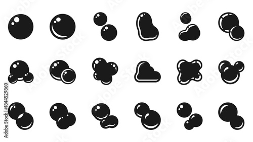 Collection of various black bubble and droplet icons on white background