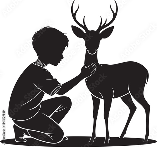 Deer boy happy silhouette vector illustration with antlers in nature